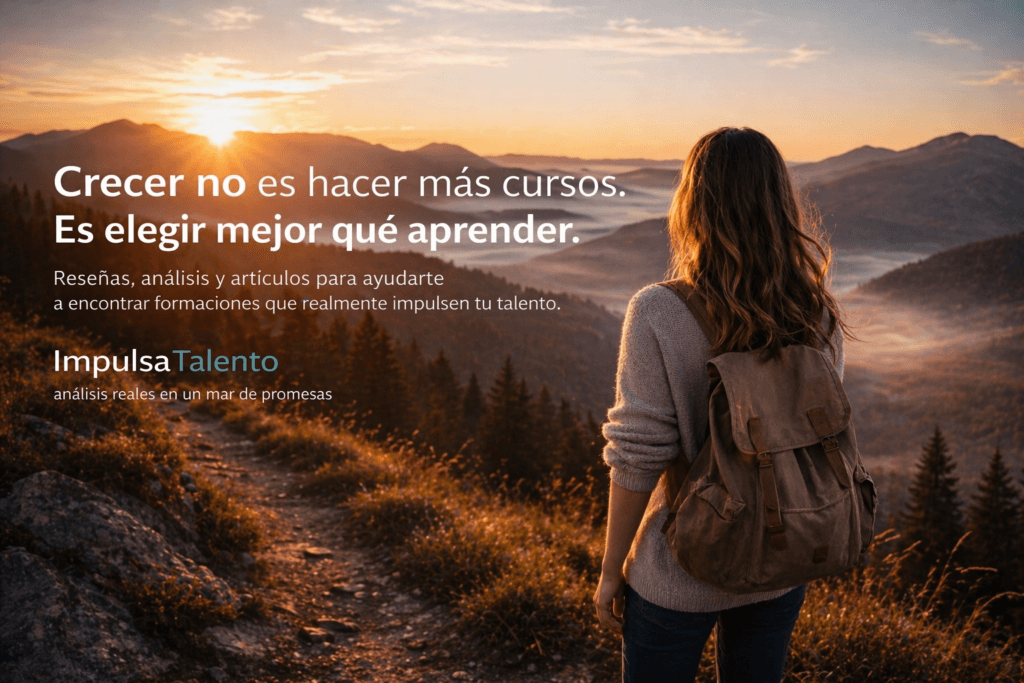 Persona contemplando el amanecer desde un sendero de montaña, representando el camino hacia un aprendizaje de calidad y el desarrollo del talento