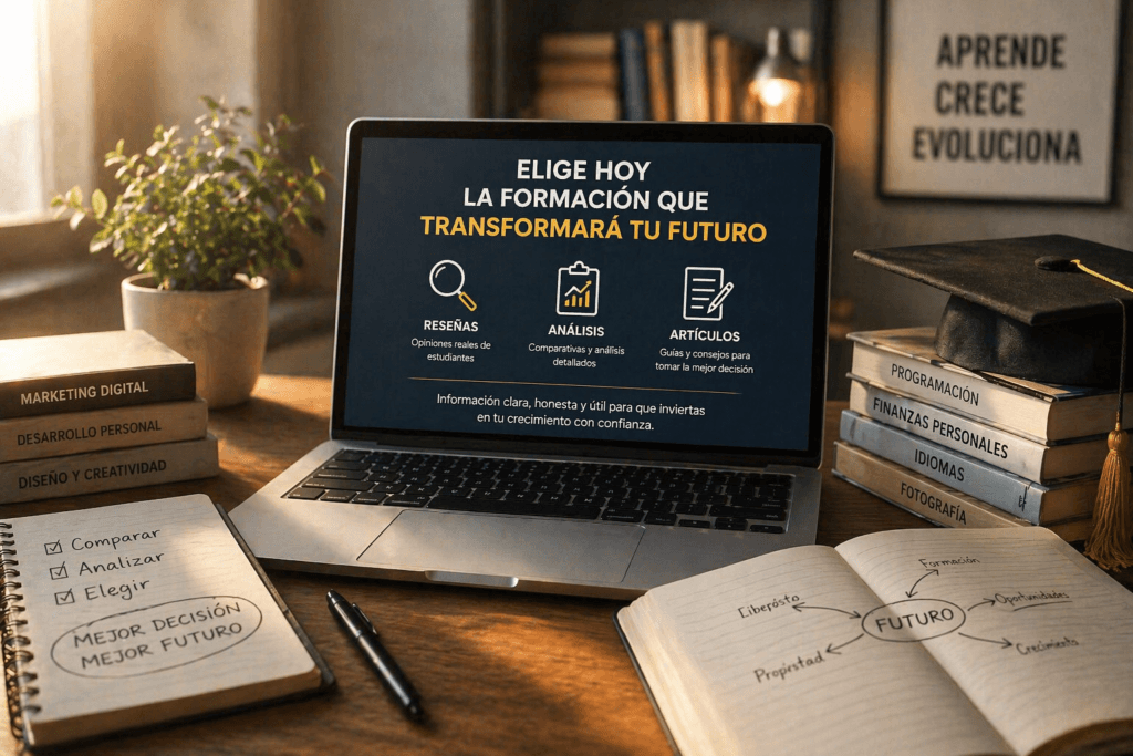 Escritorio con ordenador portátil, cuadernos y libros utilizado para analizar cursos y formaciones antes de tomar una decisión de aprendizaje