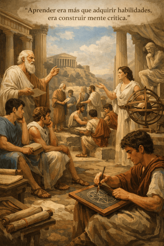 Maestro enseñando a un grupo de personas mediante la observación y la práctica, representando la importancia de una formación de calidad y del aprendizaje compartido.