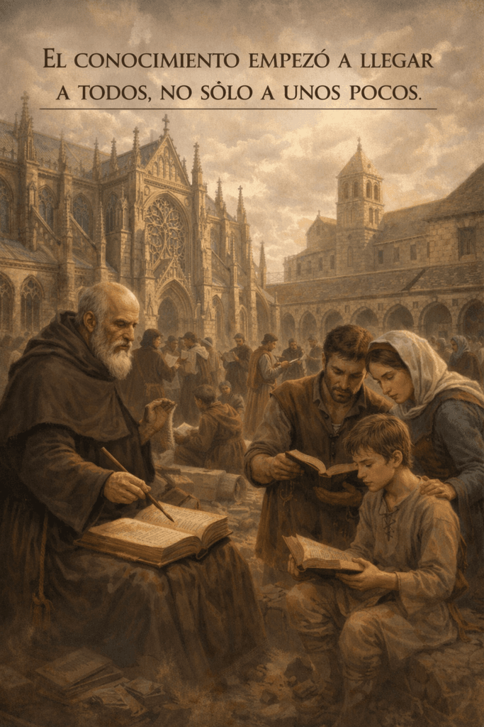 Familia aprendiendo a leer con un maestro en un entorno histórico, reflejando la expansión del conocimiento y el acceso a la educación.