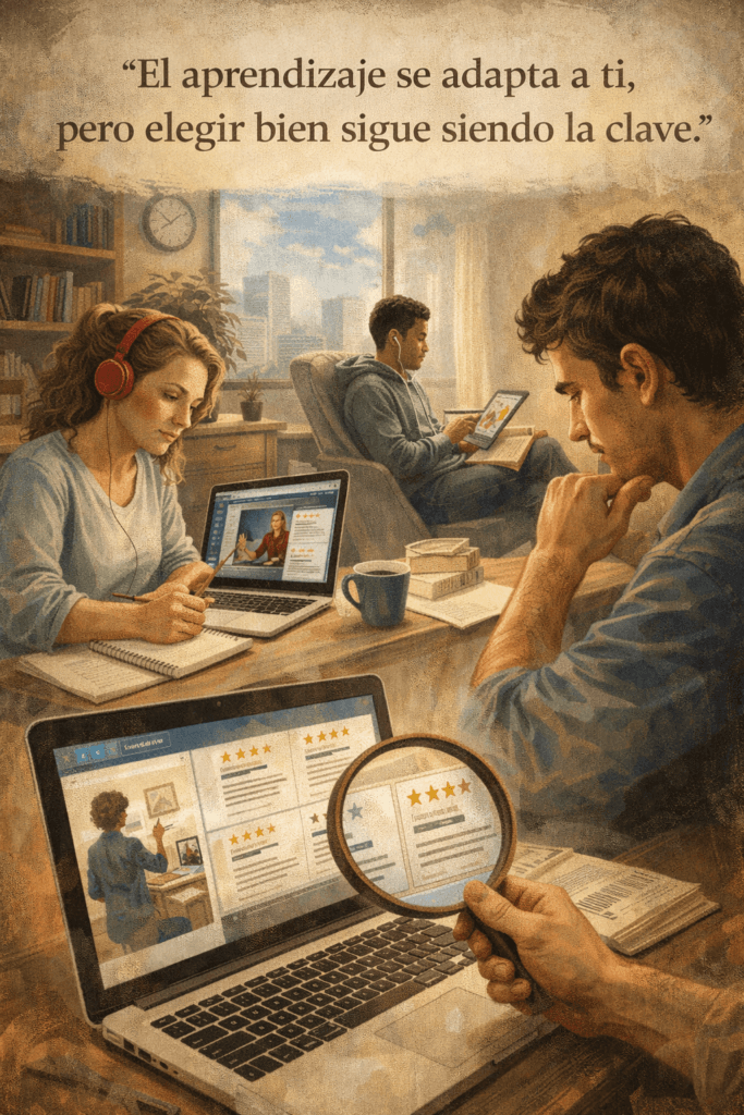Personas estudiando con herramientas digitales y analizando cursos online, reflejando la importancia de elegir una formación de calidad.