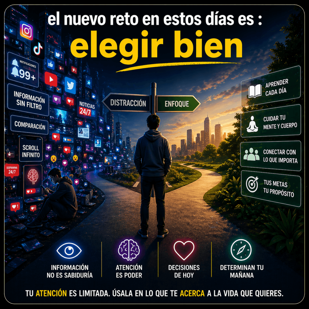 Ilustración de una persona frente a un camino dividido entre la distracción digital y el enfoque, representando la importancia de elegir con criterio la información y las formaciones que impulsan el crecimiento personal.