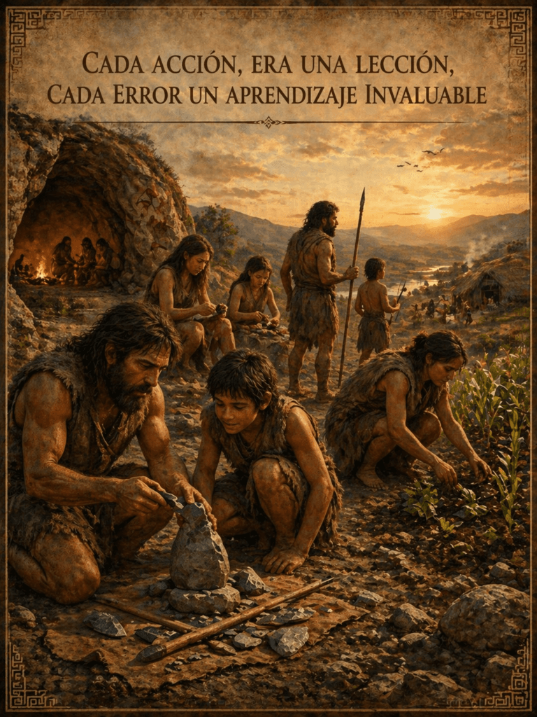 Ilustración de una comunidad prehistórica aprendiendo mediante la experiencia y la colaboración, s