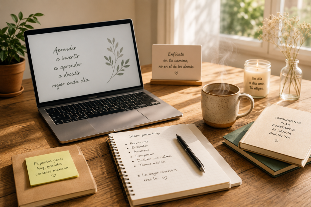 Escritorio con un portátil, un cuaderno y una taza de café junto a una ventana, simbolizando un momento de aprendizaje, reflexión y preparación antes de comenzar una nueva formación."