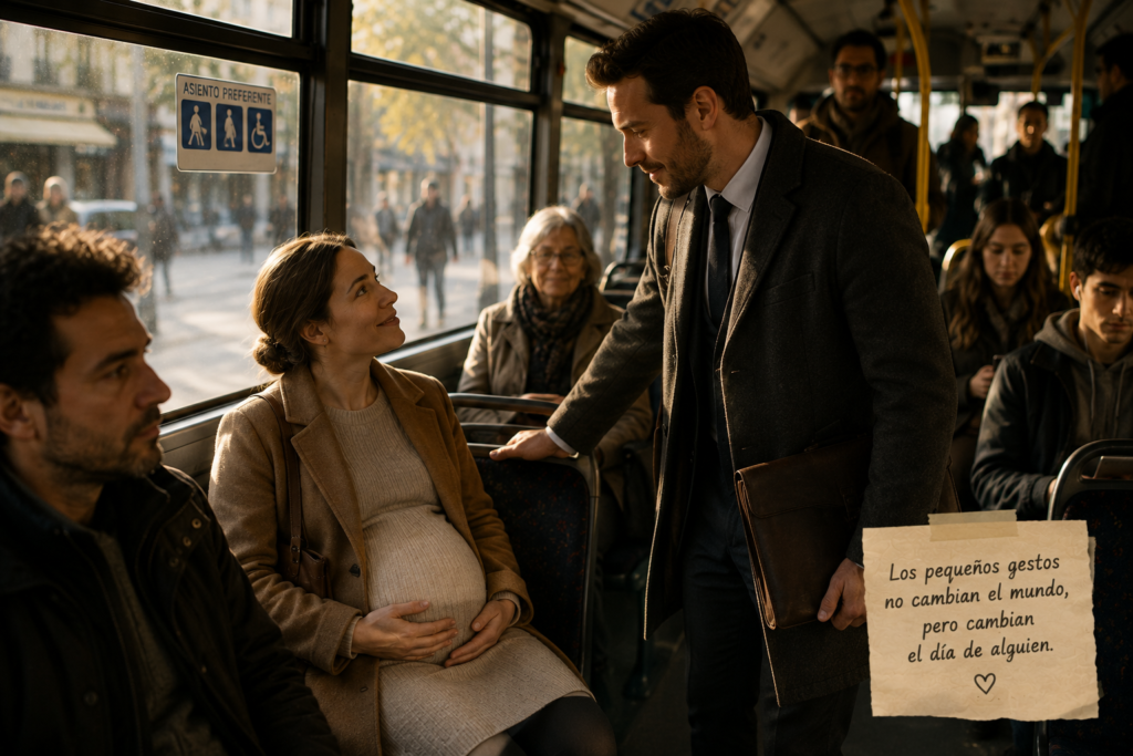 Hombre cediendo su asiento a una mujer embarazada en un autobús, un pequeño gesto de amabilidad y empatía.