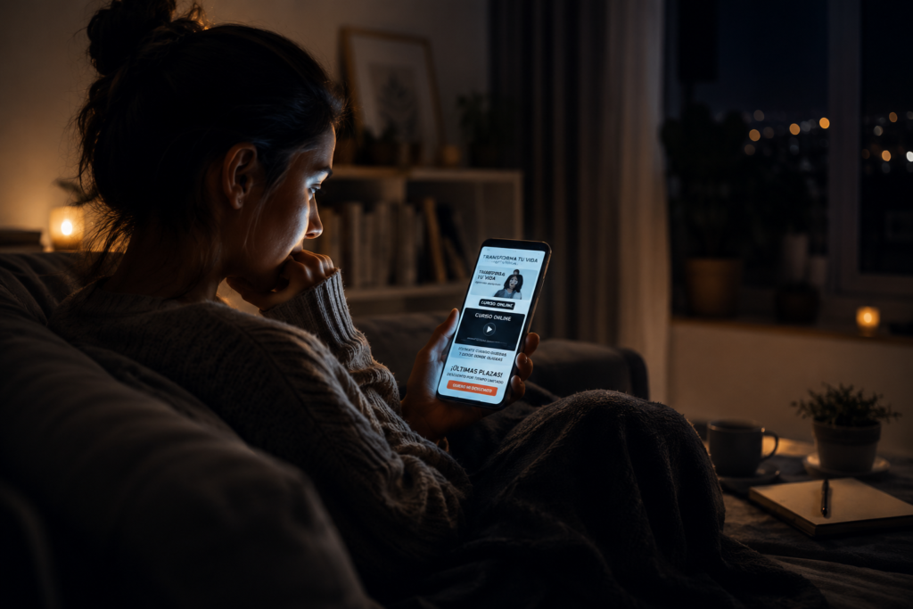 Mujer consultando un curso online en el móvil mientras reflexiona sobre cómo elegir una formación con criterio."