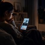 Mujer consultando un curso online en el móvil mientras reflexiona sobre cómo elegir una formación con criterio."