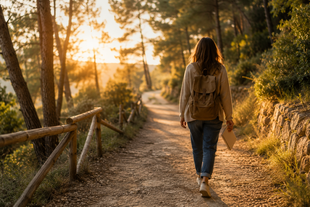 Persona caminando por un sendero rodeado de naturaleza con una libreta en la mano, simbolizando el crecimiento personal y el aprendizaje que se construye paso a paso."