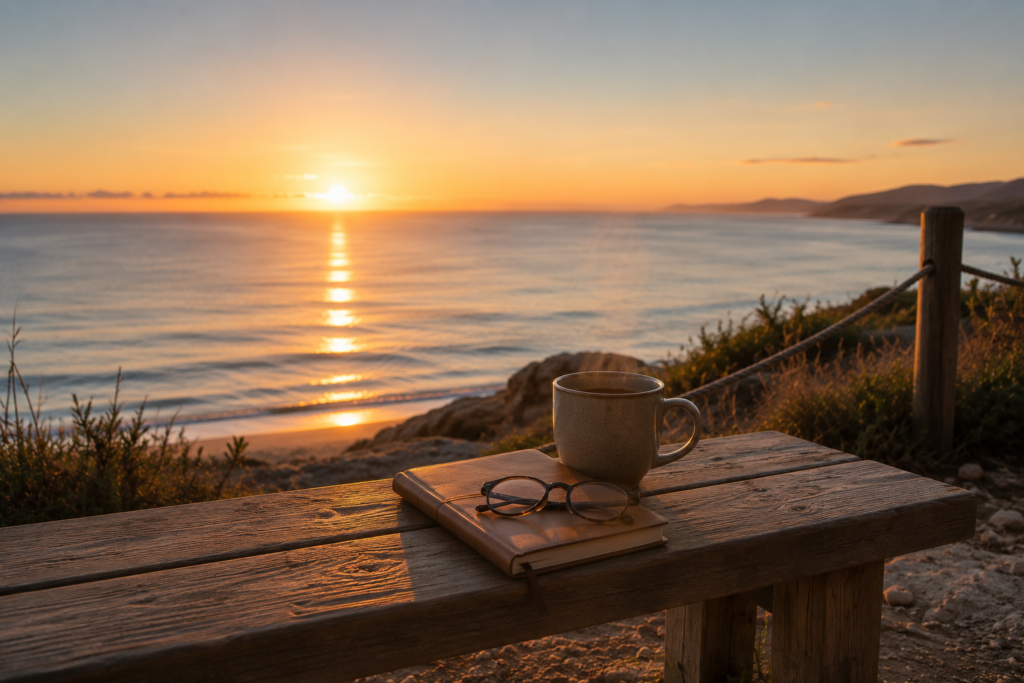 Banco de madera frente al mar al amanecer con un cuaderno, una taza de café y unas gafas, símbolo de la calma necesaria para reflexionar y tomar decisiones con serenidad."