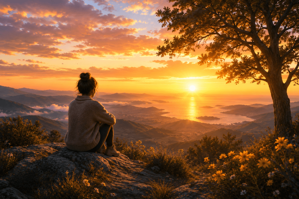 "Mujer sentada en una montaña contemplando el atardecer mientras reflexiona sobre su futuro, el aprendizaje y las decisiones que impulsan su crecimiento."