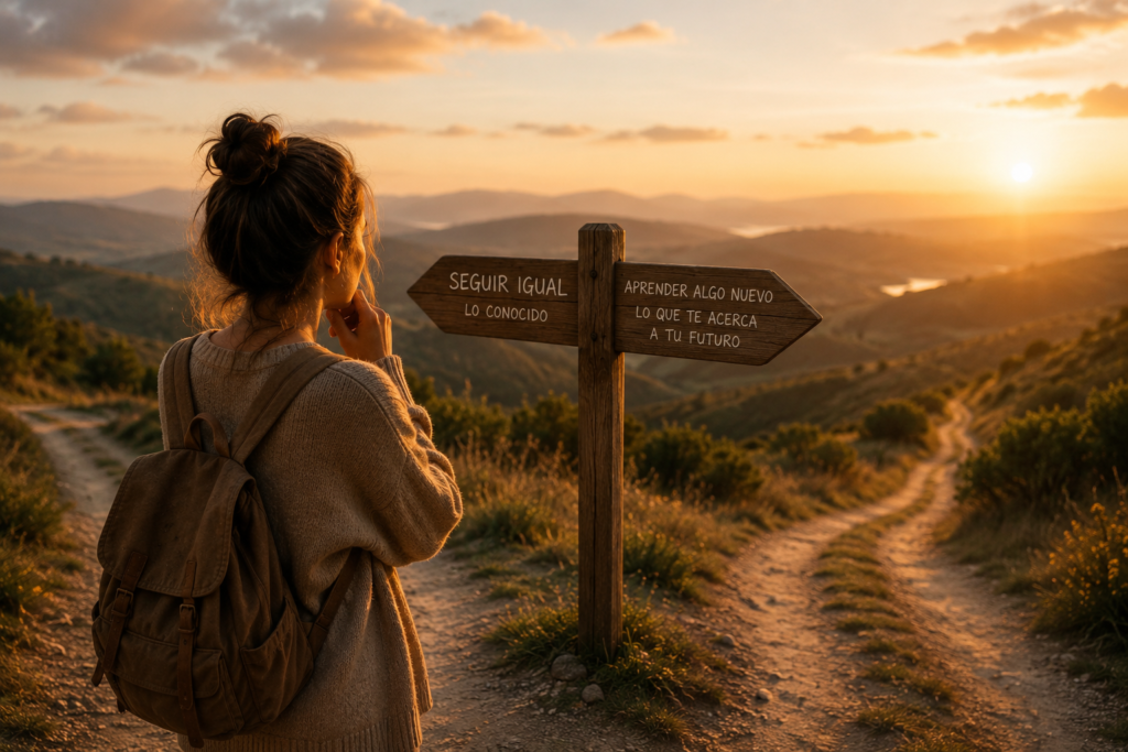 Una persona contempla una encrucijada al atardecer, recordándonos que las mejores decisiones nacen de la reflexión, la calma y el deseo de seguir aprendiendo."