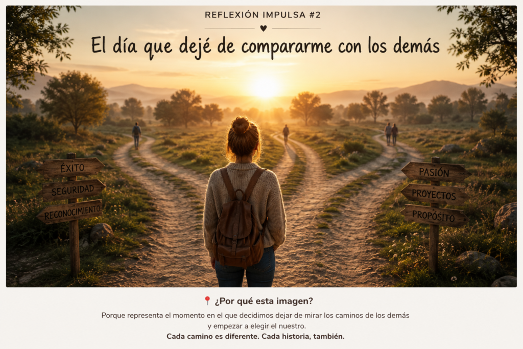 Mujer frente a dos caminos reflexionando sobre qué dirección tomar, como símbolo de las decisiones personales y del crecimiento sin compararse con los demás.