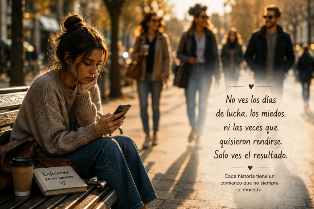 Mujer sentada en un banco mirando el móvil mientras reflexiona sobre su vida y aprende a centrarse en su propio camino sin compararse con los demás.