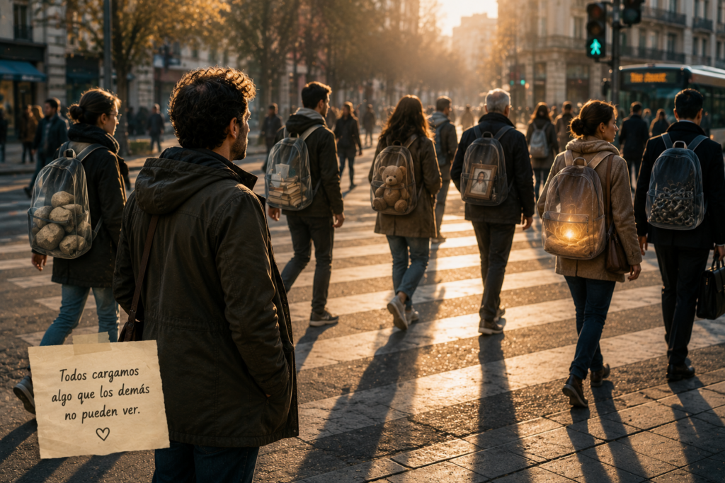 Personas caminando por la ciudad con mochilas que simbolizan las historias, preocupaciones y experiencias invisibles que cada persona lleva consigo.