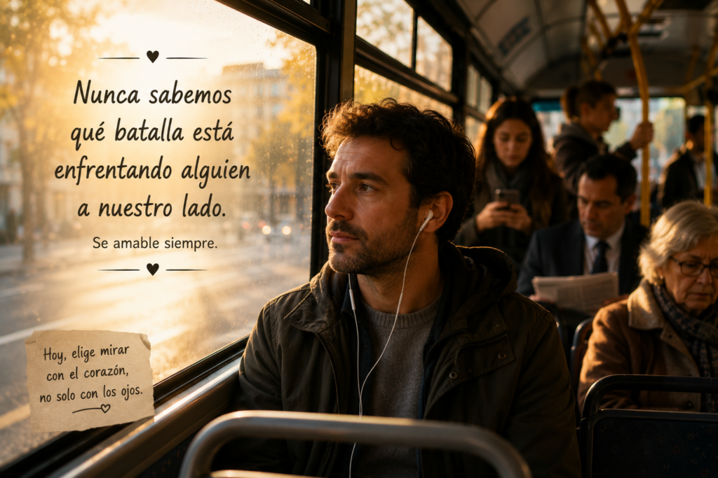 Hombre sentado en un autobús mirando por la ventana, rodeado de pasajeros, como reflexión sobre las batallas invisibles que cada persona puede estar viviendo.