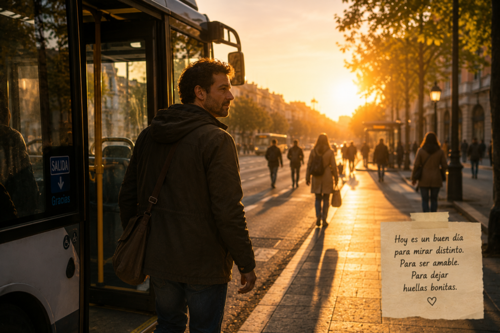 Hombre bajando de un autobús y observando la ciudad al amanecer, después de comprender que cada persona lleva una historia que no vemos.